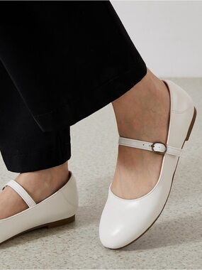 White Mary Jane Flats with Buckle Strap